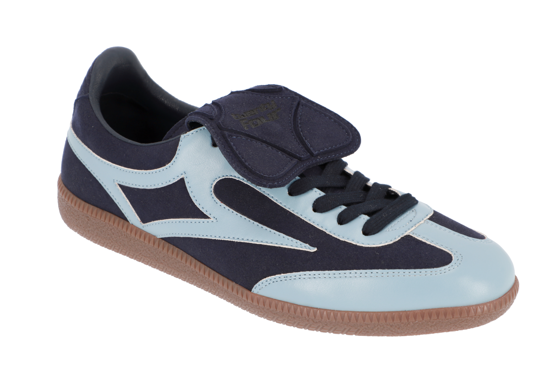 Retro Sneaker von twentyfourdegree – veganes Apfelleder, handgefertigt in Portugal, unisex tragbar in Grau und Off-White von der Seitenansicht